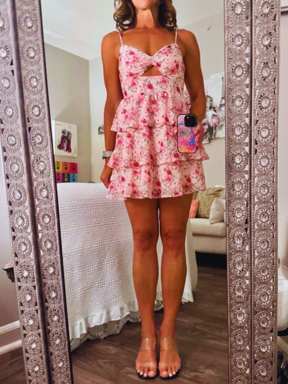 Altar'd State Pink Floral Spaghetti-Strap Mini Dress
